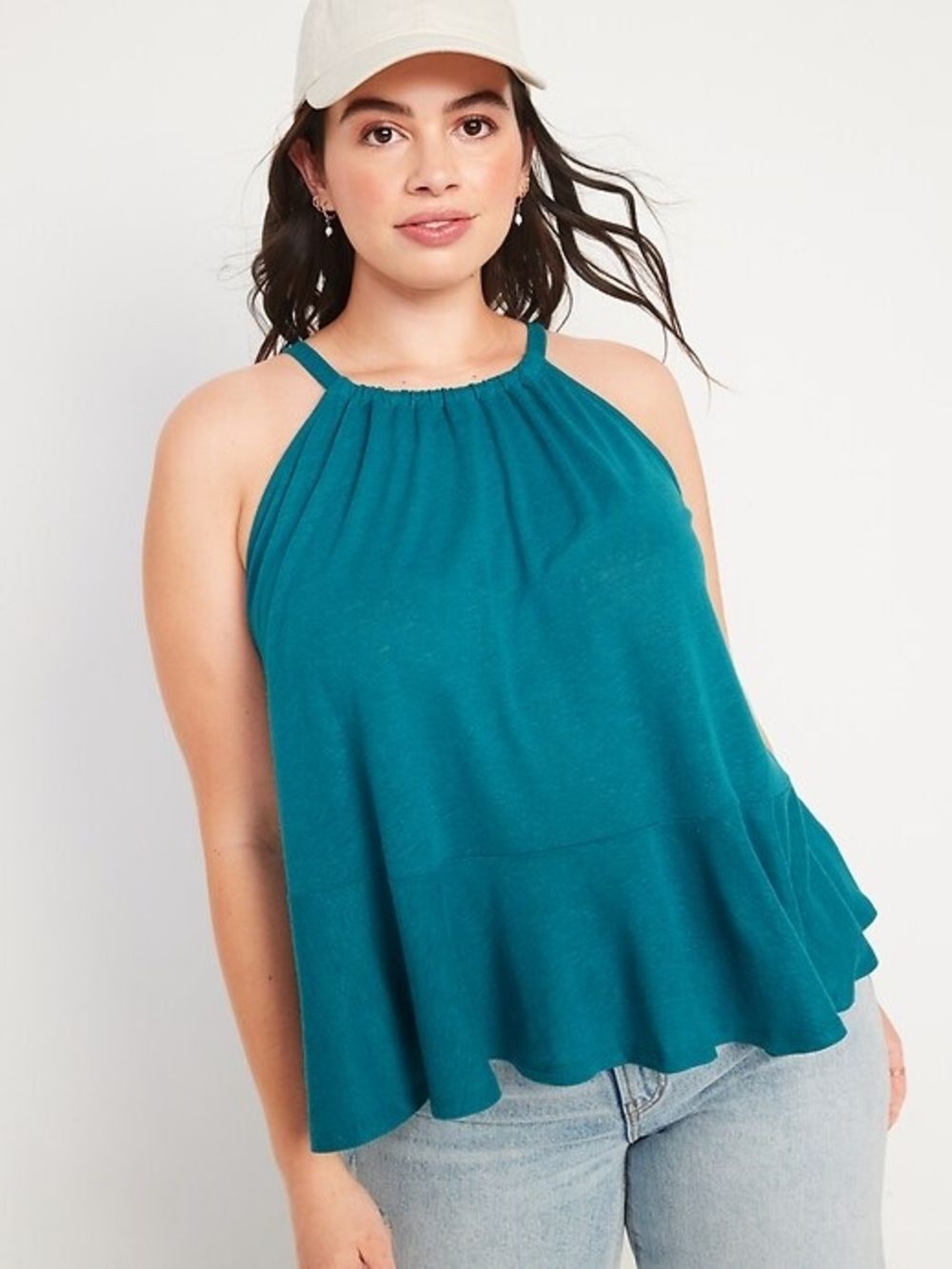 NWT Old Navy Teal Linen Blend Peplum Halter Swing Top Sz XL